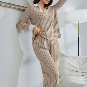 Women Casual Knit Long Sleeve Loungewear Set Contrast Collar Autumn Pajamas Two-Piece