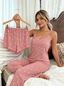Pink heart print camisole long pants shorts pajama set detail view showing cute homewear style.