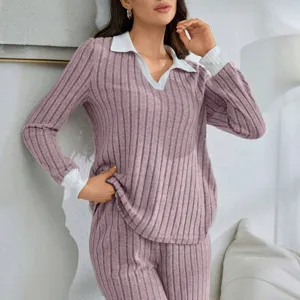 Women casual knit loungewear set long sleeve contrast collar pajama two piece autumn outfit