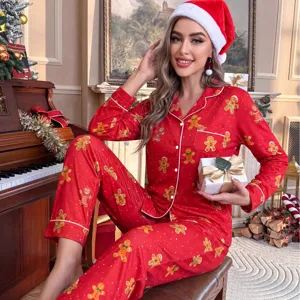 Navidad pijama mujer manga larga rojo estampado hombre de jengibre ropa de dormir
