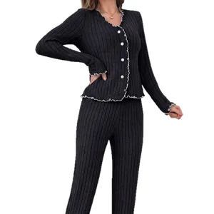 Women black ribbed cardigan lounge set cozy sleepwear cute lettuce trim two piece outfit