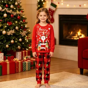 Pyjama de Noël pour enfants ensemble haut rouge à manches longues et pantalon à carreaux
