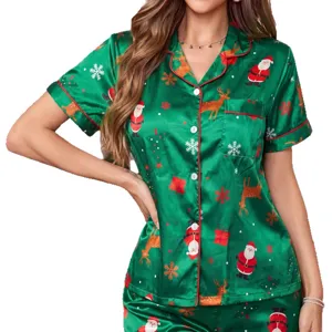 Dames kerst satin korte mouw pyjama set groen feestelijke nachtkleding homewear comfortabel