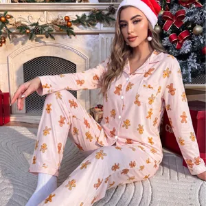 Conjunto de pijama rosa para mujer con estampado de pan de jengibre ropa de dormir navidad
