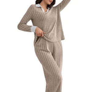 Women solid color knit lounge set long sleeve top and matching pants casual sleepwear