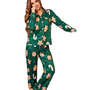 Femme Noël satin pyjama ensemble manches longues joli imprimé pain d'épice doux