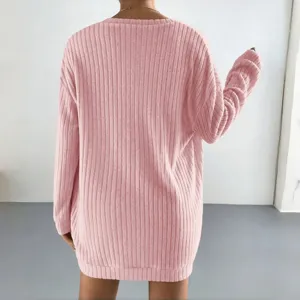 Γυναικείο Ροζ Πλεκτό Rib Μακρυμάνικο Cardigan Τοπ Πίσω Όψη Ρούχα Σπιτιού Καθημερινά