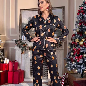 Navidad estampado jengibre pijama satén mujer conjunto manga larga ropa de dormir