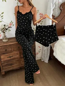 Sexy lace camisole, long pants and shorts 3-piece pajama set with heart prints.