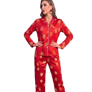 Mujer Navidad hombre de jengibre estampado manga larga pijama conjunto ropa dormir