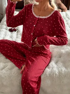 Elegante Completo Pigiama Cardigan Manica Lunga Donna con Stampa Cuore e Dettaglio in Pizzo