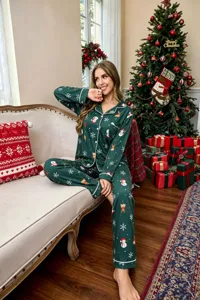 Women Christmas green pajama set long sleeve sleepwear holiday loungewear matching pants