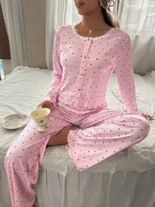 Set pigiama manica lunga stampa cuore rosa donna abbigliamento da notte con pizzo