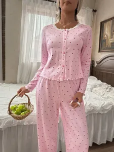 Set pigiama cardigan a maniche lunghe rosa con stampa cuori e coste da donna con elegante pizzo.