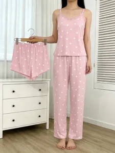 Women 3-piece pink heart print pajama set with camisole, long pants and shorts for home.