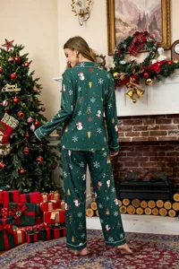 Women Christmas long sleeve pajama set green snowman print holiday sleepwear loungewear