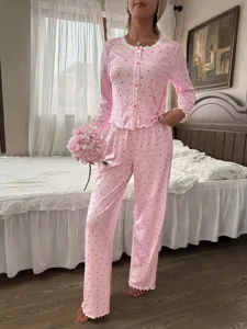 Set pigiama rosa a maniche lunghe con cuori e pizzo bottoni abbigliamento comodo casa