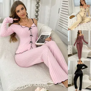 Conjunto de Pijama Loungewear Cálido Manga Larga Hombros Descubiertos Casual Mujer Otoño Invierno