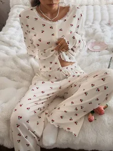 Donna set pigiama manica lunga stampa ciliegia cardigan costine abbigliamento da notte