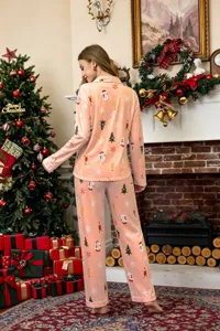 Women Christmas printed long sleeve pajama set back view cozy loungewear sleepwear