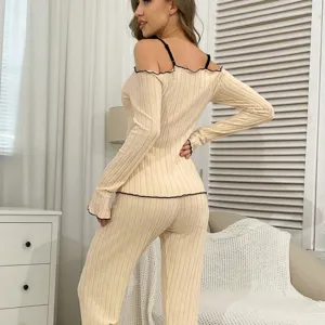 Elegante Conjunto Pijama Mujer Manga Larga Hombro Descubierto Costilla Ropa De Casa