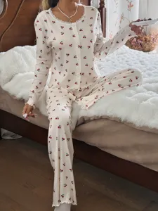 Donna maniche lunghe stampa ciliegia pigiama set comodo abbigliamento notte elegante