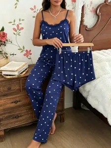 3-piece blue heart print pajama set with cami top long pants and shorts for women cozy nightwear.
