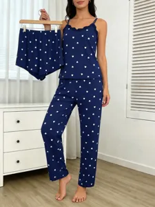 Details of the navy blue heart print 3-piece pajama set featuring lace camisole, pants, and shorts.