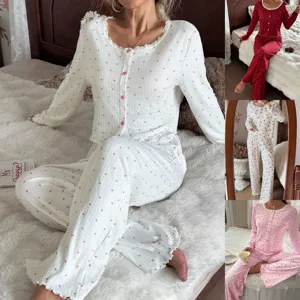 Pigiama da Donna Autunno Inverno Set Top Cardigan Manica Lunga e Pantaloni Abbigliamento da Casa Stampa Cuore Ciliegia