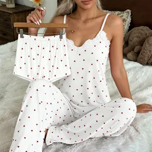 Women's Sexy Lace Trim Camisole Vest Long Pants And Shorts Three Piece Pajama Set Casual Sleepwear Loungewear