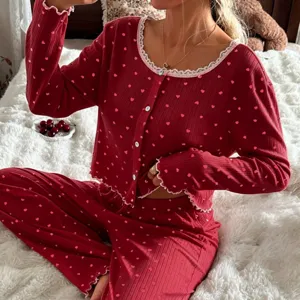 Set pigiama donna cuore rosso maniche lunghe abbigliamento notte comodo top e pantaloni coordinati