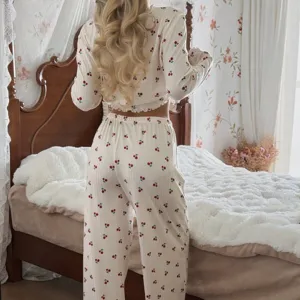 Set pigiama donna autunno inverno maniche lunghe stampa ciliegia dolce notte