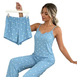 Women 3-piece pajama set sexy lace camisole long pants shorts cute heart sleepwear homewear