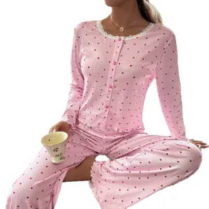 Set pigiama donna rosa maniche lunghe bottoni stampa cuori pizzo bianco abbigliamento casa