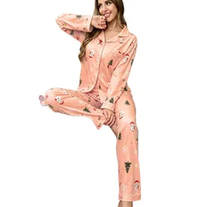Women christmas print pajama set long sleeve sleepwear casual pink loungewear suit