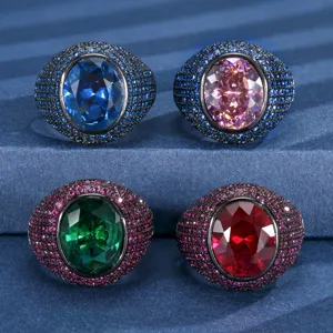 Vintage Black Gold Plated Copper Ring For Women Oval Red Blue Green Pink Rhinestone Personalized Luxury Gemstone Open Ring Jewelry