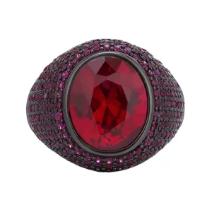 Chic black gold plated oval red synthetic gemstone ring with full pave pink zircon crystals.