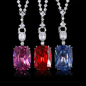Luxurious cushion cut colored gemstone necklace with sparkling zirconia pave chain for women.