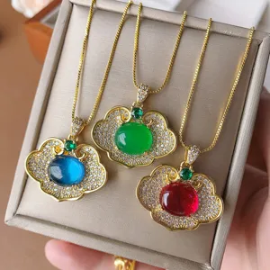 Gold plated ruyi lock pendant necklace with colorful cubic zirconia stones for women chic jewelry