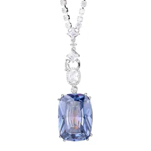 Luxury blue crystal pendant necklace with sparkling cubic zirconia for women fashion party jewelry.