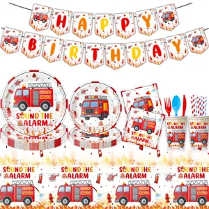 Brandweer verjaardag feestartikelen set met papieren borden bekers servetten slingers.