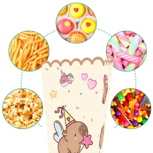 Vista dettagliata della scatola di popcorn in carta tema capibara, perfetta per festa di compleanno.