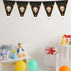 Mexican Day of the Dead party banner decoration, black skull flag pennant for Halloween.