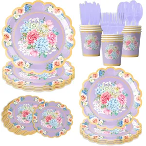 Frühlings Teeparty Blumen Einweg Pappteller Becher Party Geschirr Set dekorativ