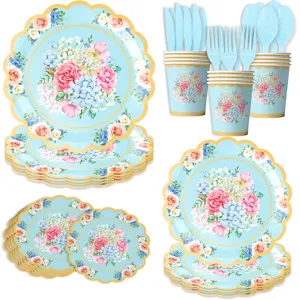 Frühling Blumen Party Geschirr Set mit gewellten Papptellern Bechern und Besteck für Nachmittag.