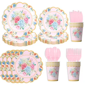 Pastorale Aquarell Blumen Papiergeschirr Wellenrand Teller Servietten Becher Für Tee Party Geburtstag Hochzeit Event Dekorationen