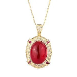 Vergoldete ovale rote Cabochon Anhänger Halskette Vintage Schmuck Geschenk für Damen