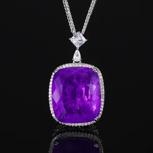 Elegant cushion-cut purple gemstone pendant necklace with brilliant pavé diamonds halo.