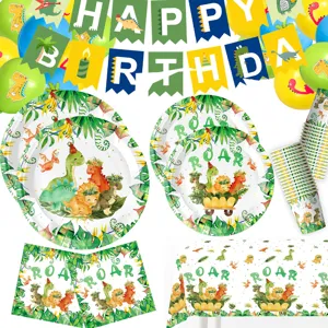 Dinosaurier Party Zubehör Set Aquarell Cartoon Roar Thema Geburtstag Dekorationen Einweg Teller Tassen Servietten Tischdecke Banner Für Kinder Jungen Partyzubehör