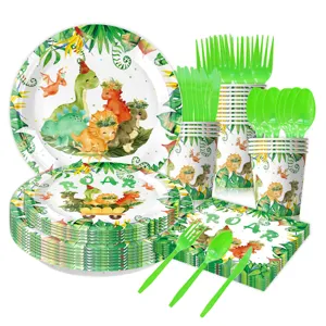 Dinosaurus feestartikelen set met papieren borden bekers servetten voor kinderfeestje.